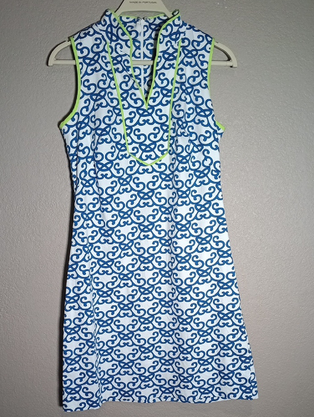 Vince Camuto Blue and White Scroll Print Dress with Lime Trim